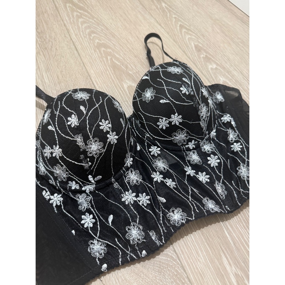Floral Embroidered Bralette Corset Tube Top Black Mesh Bustier XL Whimsygoth